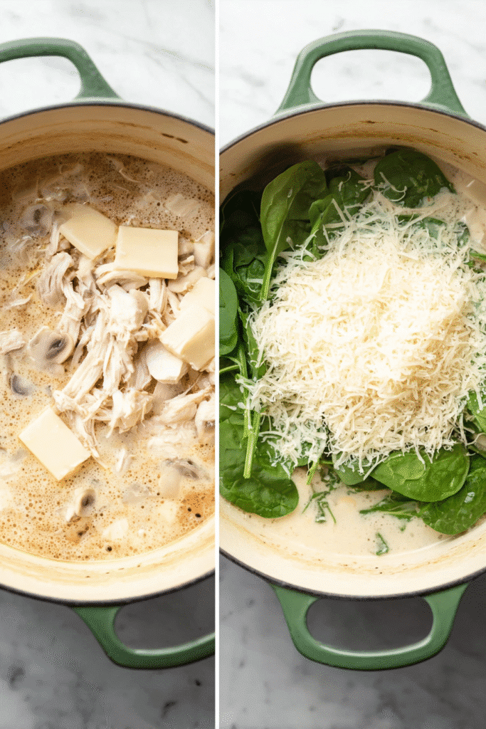 Adding shredded chicken, cream cheese, spinach, and Parmesan to creamy chicken lasagna soup base