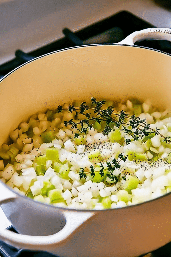 Diced onions and celery with thyme in a Dutch oven for Italian Style Creamy Alfredo Lasagna Soup