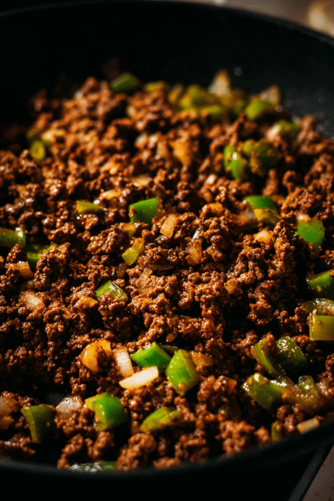 Ground beef sautéed with onions and green peppers in a skillet for slow cooker chili recipe.