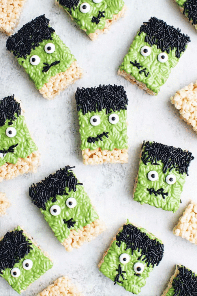 Frankenstein halloween rice krispie treats scattered on a white background with candy eyes and sprinkles.