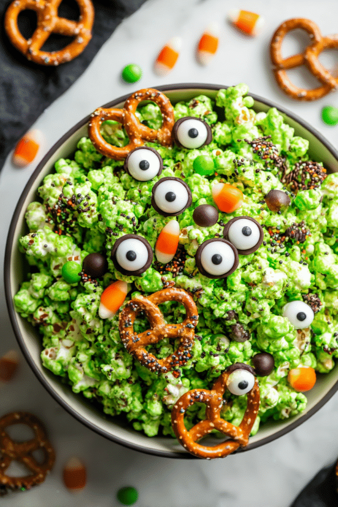 Frankenstein popcorn recipe in bowl. Halloween treat with pretzels, candy eyes, candy corn, and green popcorn.