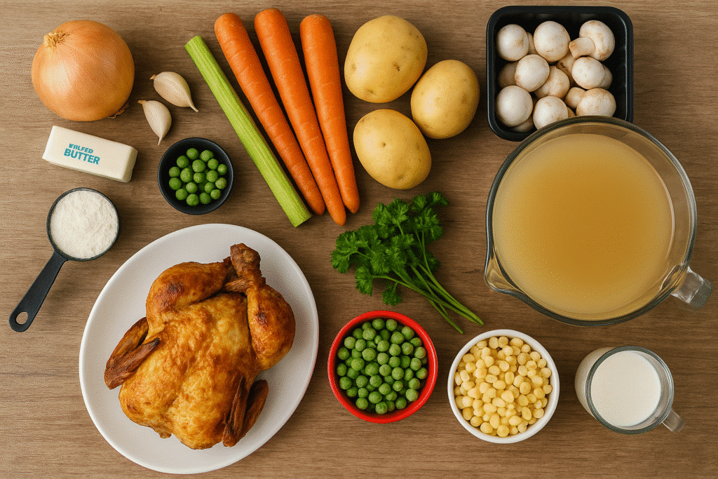 Ingredients for chicken pot pie soup laid out on a wooden table including chicken, vegetables, and broth.
