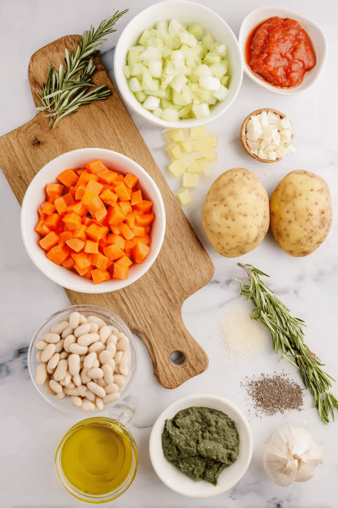 Ingredients for the best white bean soup including white beans, diced vegetables, herbs, and olive oil on a white surface