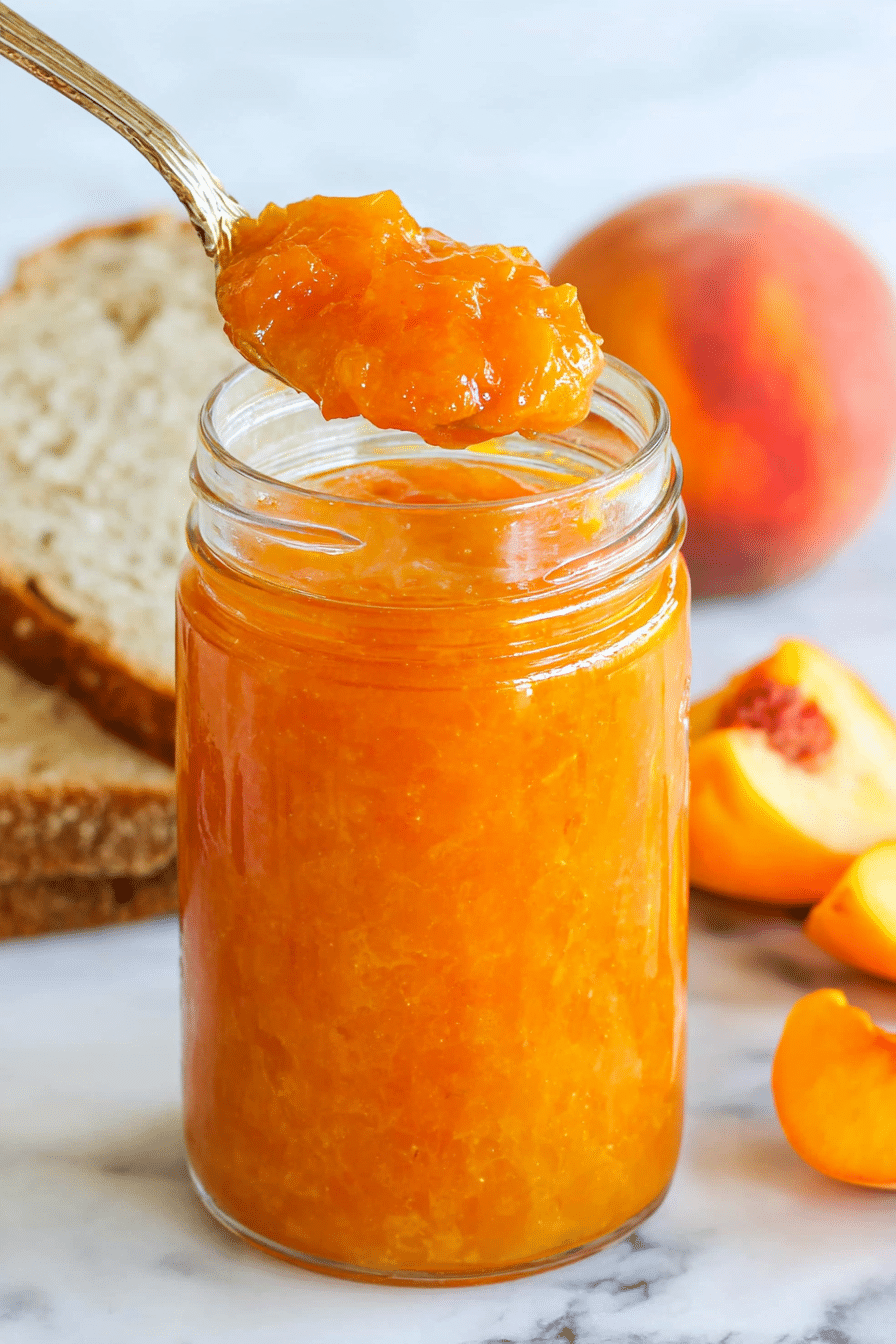 Fresh peach jam in a glass jar with spoon, rustic bread, and ripe peaches on marble.