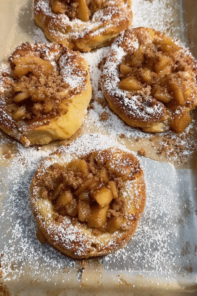 Freshly baked Apple Pie Cheesecake Brioche Buns on a parchment-lined tray, topped with caramelized cinnamon apples and powdered sugar.