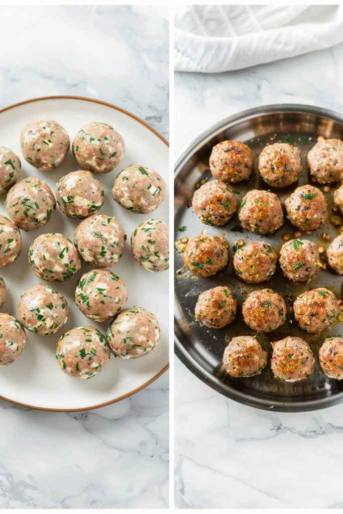Side-by-side image of raw and cooked ricotta meatballs on ceramic plates.