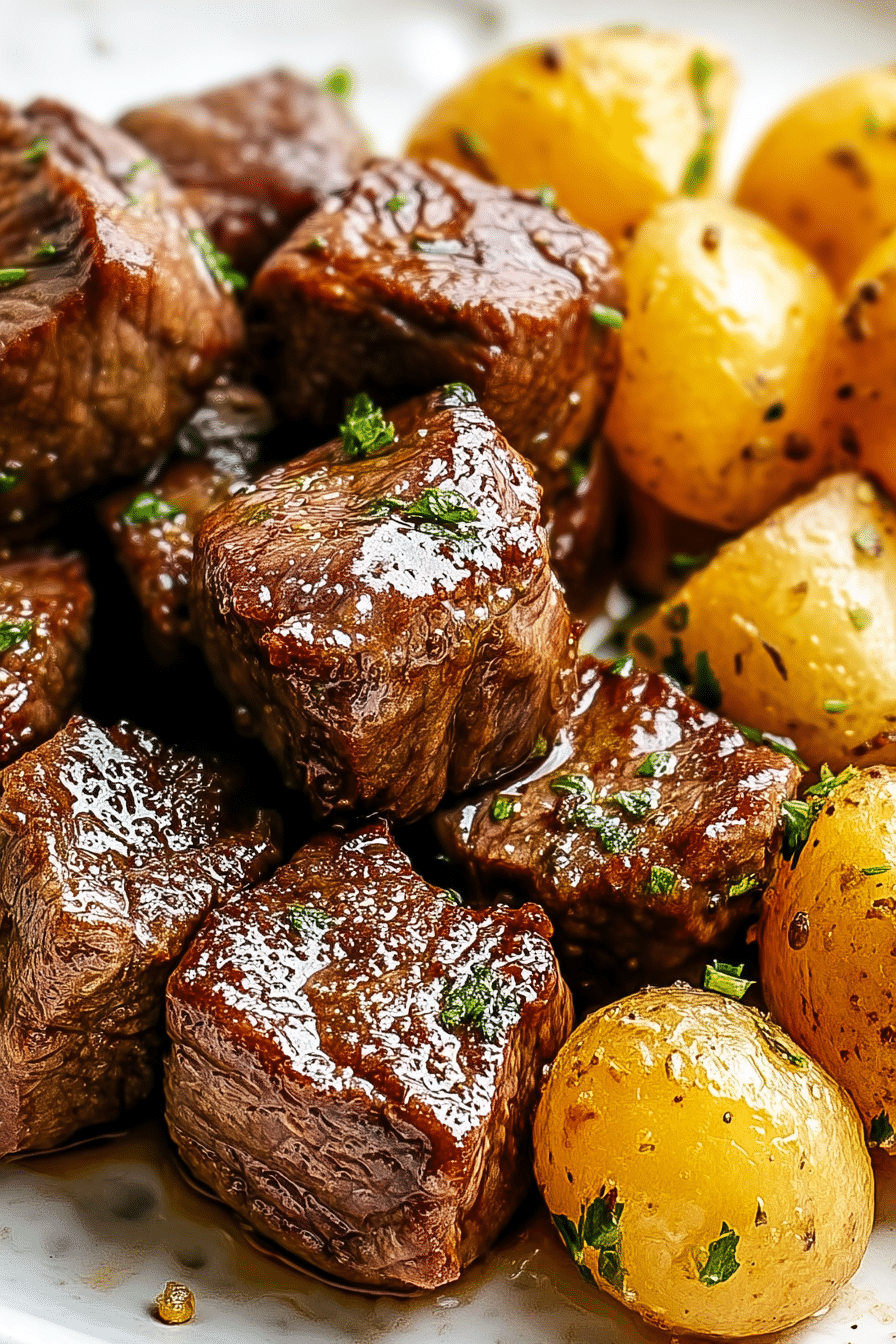 Garlic Butter Steak Bites and Potatoes served on a white plate with golden roasted baby potatoes and fresh herbs
