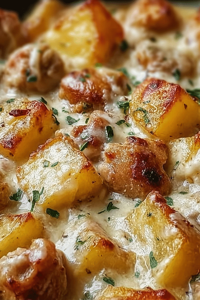 Garlic-parmesan crockpot chicken and potato casserole with golden crispy potatoes and creamy cheese sauce.
