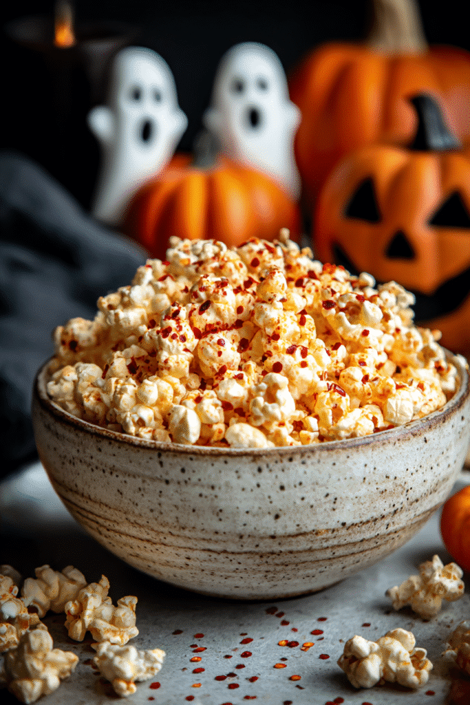 Ghost Pepper Popcorn. Halloween popcorn recipe in a bowl with pumpkins and ghosts in the background.