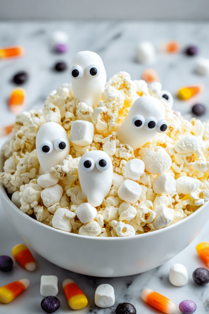 Halloween popcorn recipe. Bowl of popcorn with marshmallow ghosts, candy corn, and marshmallows.