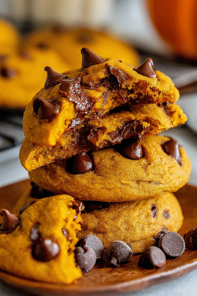 Close-up of a gooey pumpkin chocolate chip cookie broken in half, revealing a moist interior and melted chocolate chips.