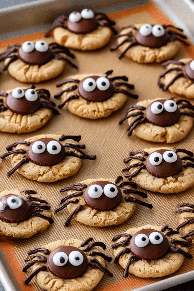This overhead view of peanut butter spider cookies showcases a full tray of festive treats, perfect for Halloween baking in batches or party prep.
