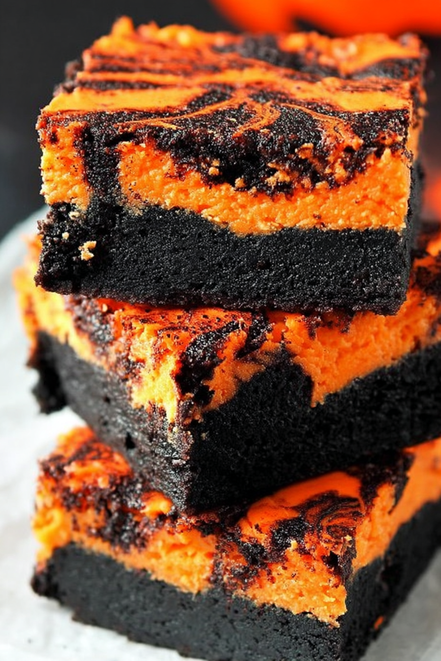 Stack of Halloween swirl cream cheese brownies with vivid orange filling and black marbled brownie layers.
