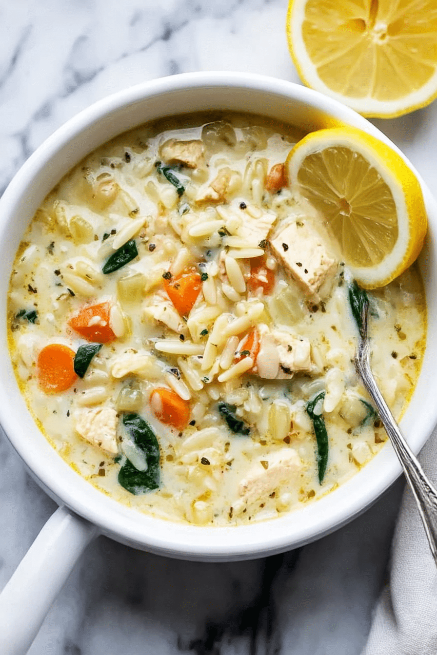 Bowl of creamy lemon chicken orzo soup with spinach, carrots, orzo, and a lemon wedge.
