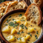 Hearty cheddar garlic herb potato soup with chunks of potato and fresh herbs served with crusty bread