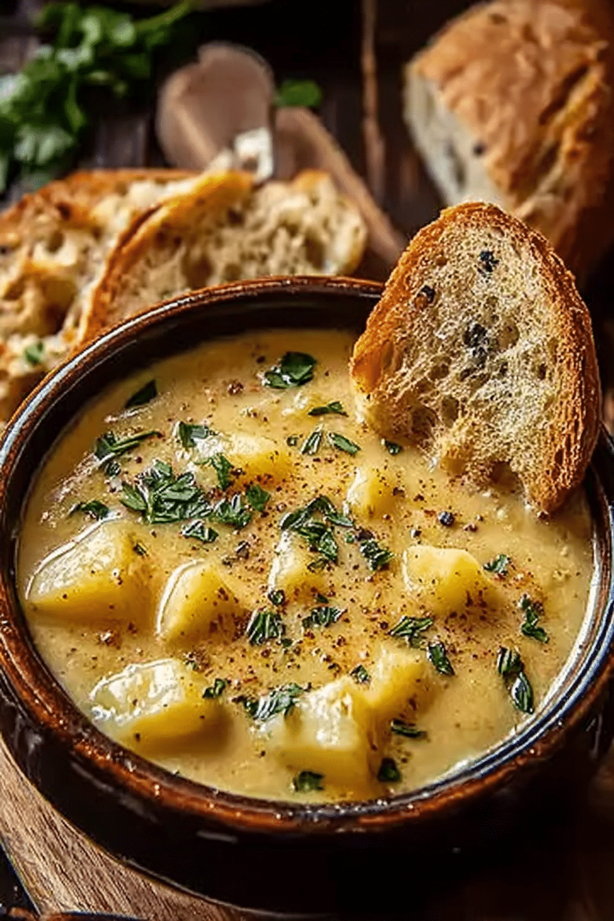 Hearty Cheddar Garlic Herb Potato Soup with Fresh Bread