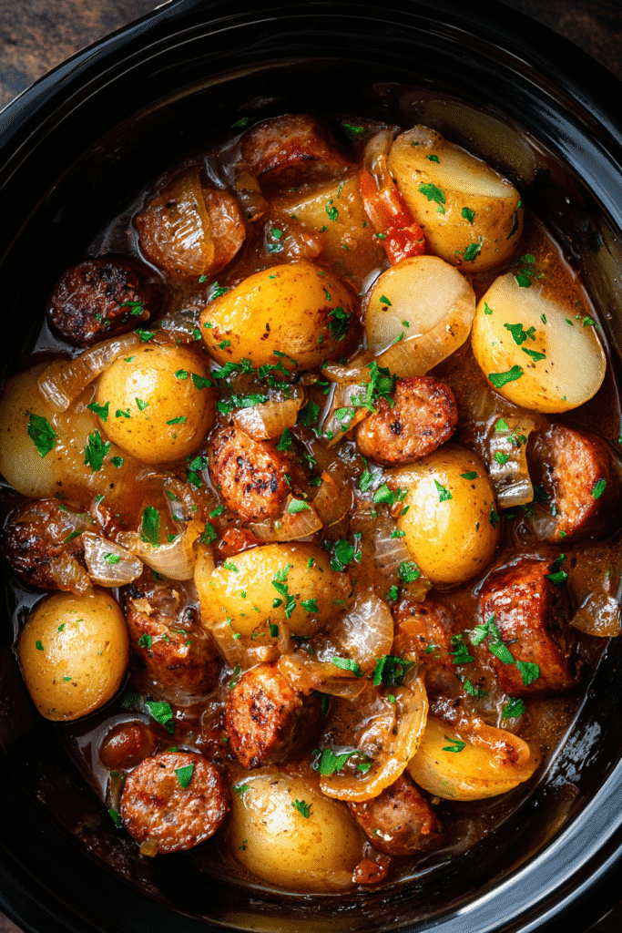 Crockpot sausage casserole with golden potatoes, onions, and parsley in a savory slow-cooked sauce.