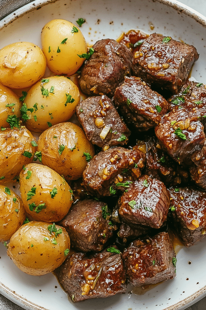 Garlic Butter Steak Bites and golden roasted potatoes on a rustic ceramic plate with herb garnish