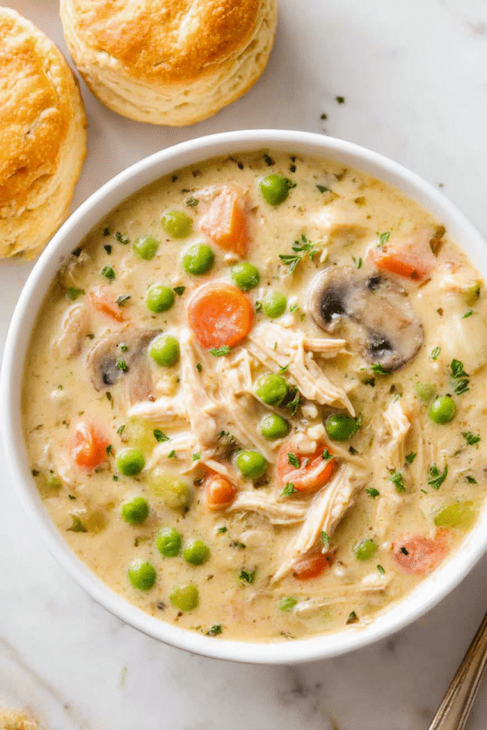 Creamy chicken pot pie soup in a white bowl with peas, carrots, and biscuits.
