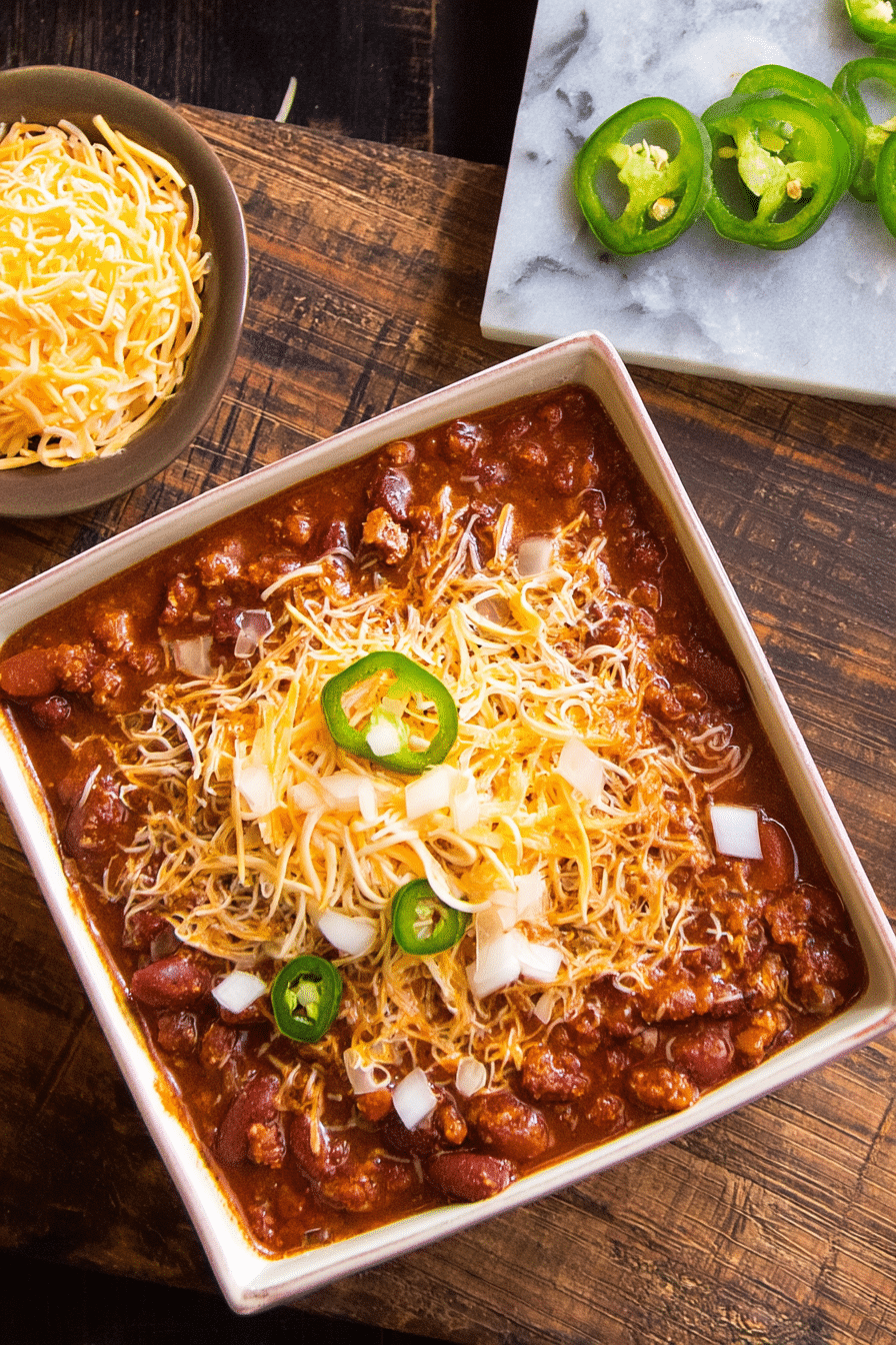 Bowl of slow cooker chili recipe topped with shredded cheddar, onions, and jalapeños on rustic wood background.