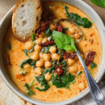 Rustic bowl of Tuscan chickpea soup with spinach, sun-dried tomatoes, and bread