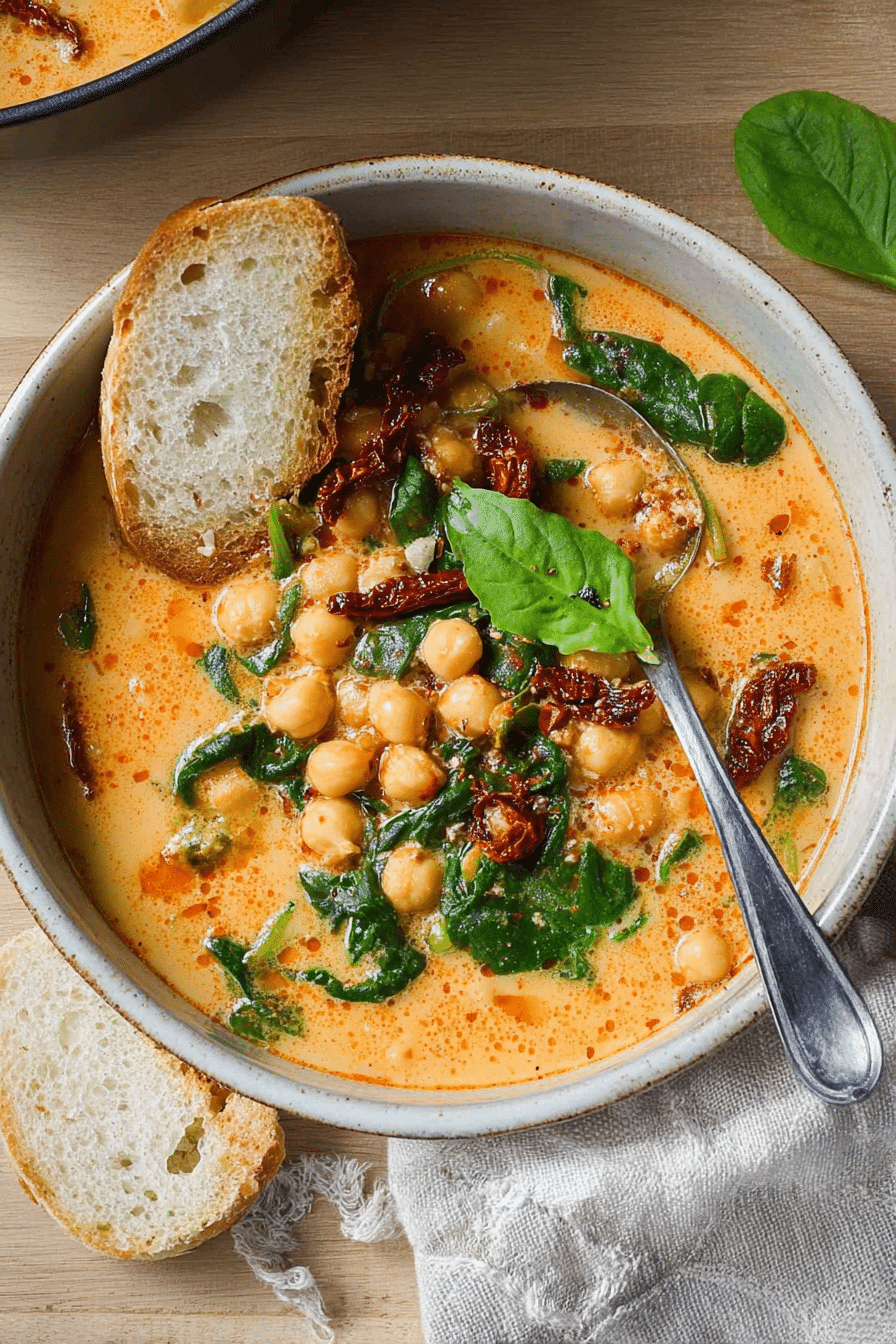 Rustic bowl of Tuscan chickpea soup with spinach, sun-dried tomatoes, and bread