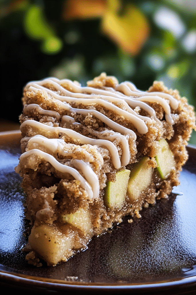 This rustic apple crumb cake features tender apple chunks, a cinnamon-sugar crumble, and a drizzle of sweet vanilla glaze perfect for cozy fall baking.