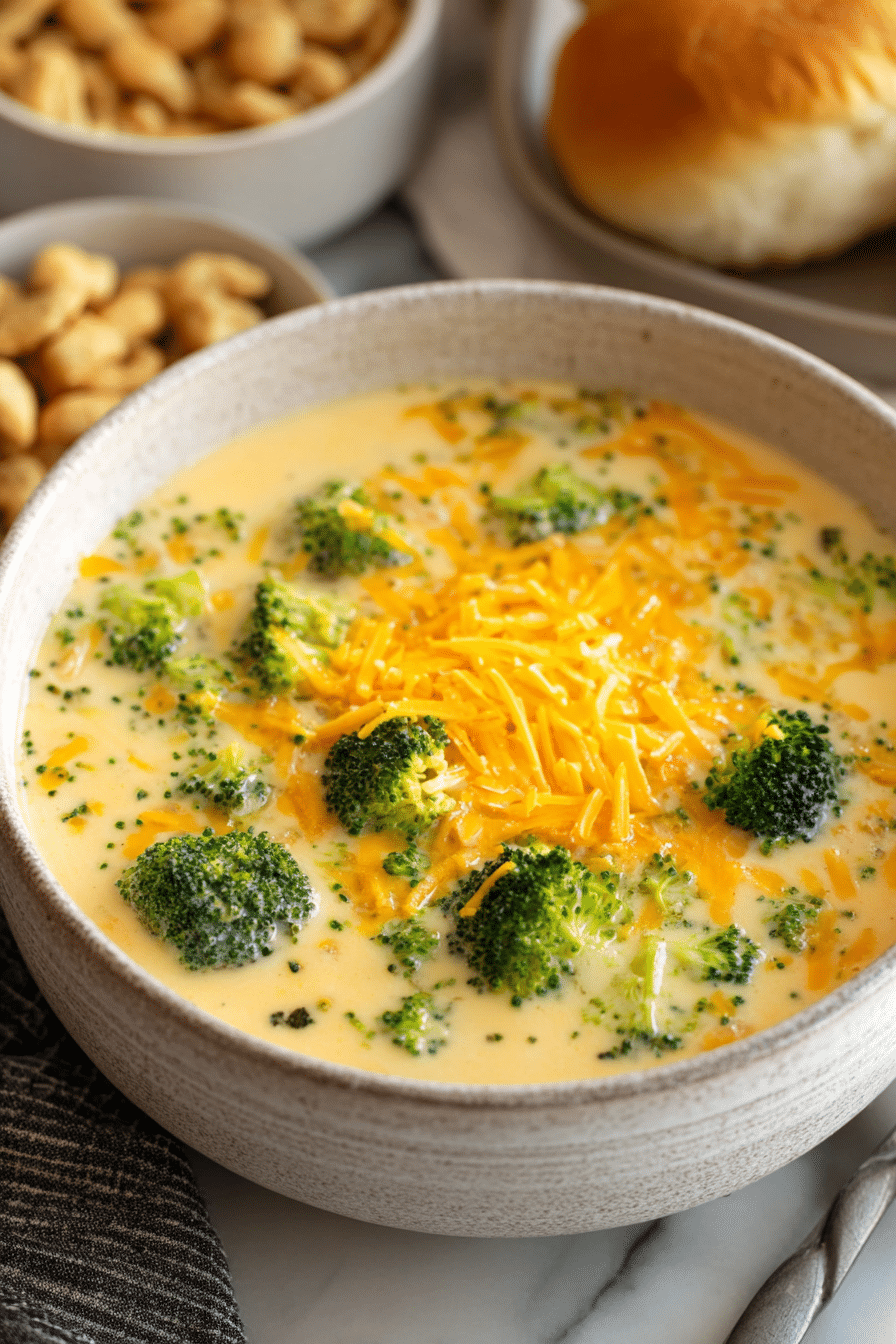 Close-up of creamy broccoli cheese soup topped with shredded cheddar in a rustic bowl.