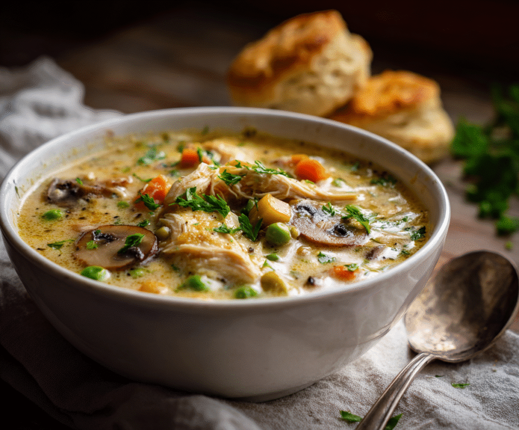 Creamy chicken pot pie soup ready to serve in a rustic white bowl with carrots, peas, mushrooms, and tender chicken, garnished with fresh parsley.