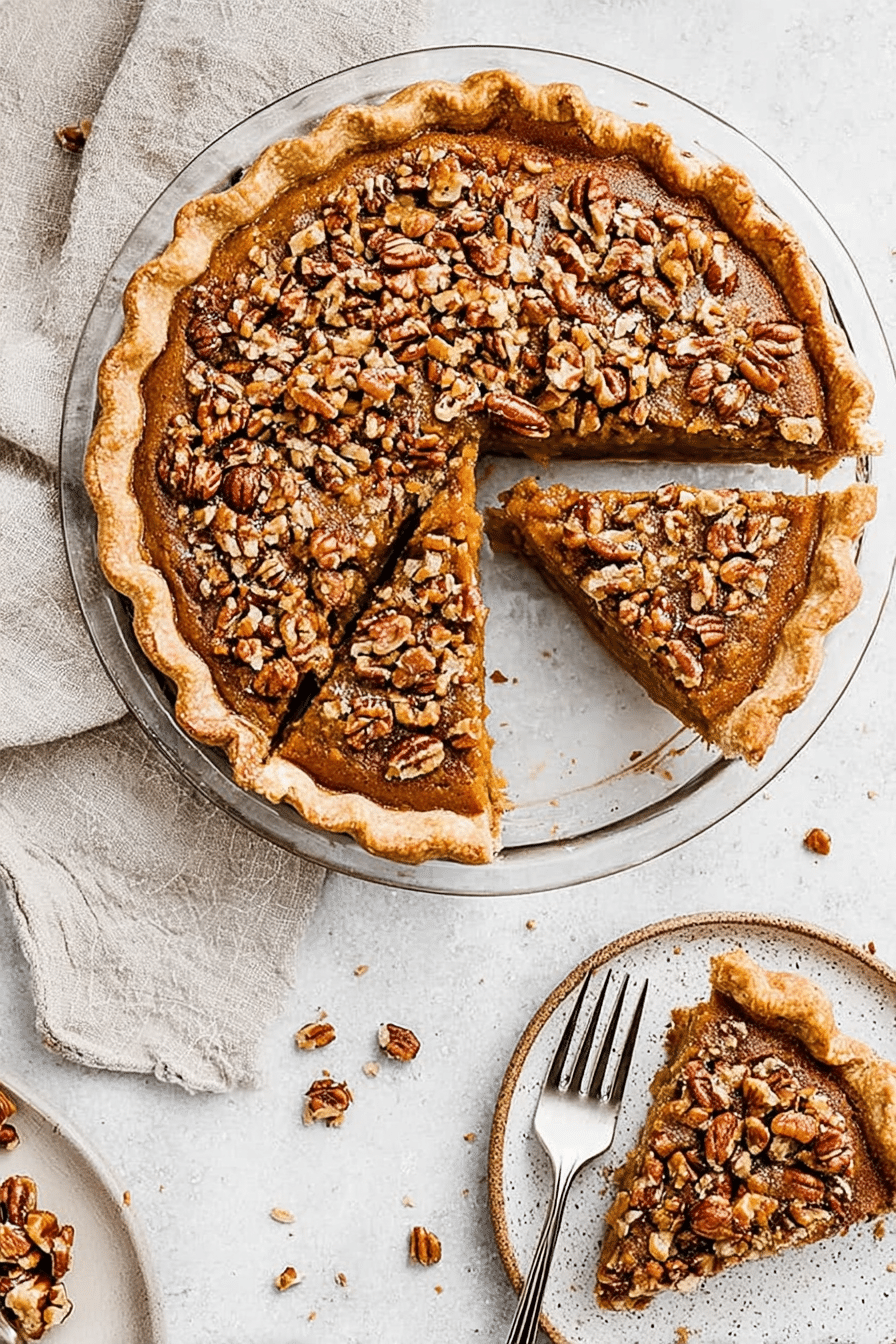 Overhead shot of a praline pumpkin pie with a slice removed, topped with crunchy pecans and set on a light background.