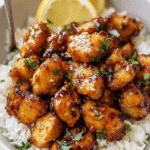 Honey garlic chicken bites recipe served over rice with lemon slices and parsley garnish.