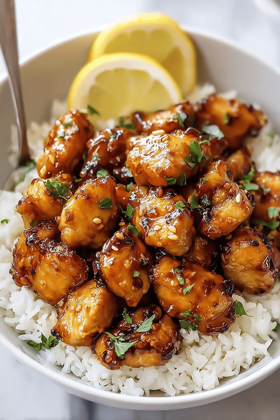 Honey garlic chicken bites recipe served over rice with lemon slices and parsley garnish.