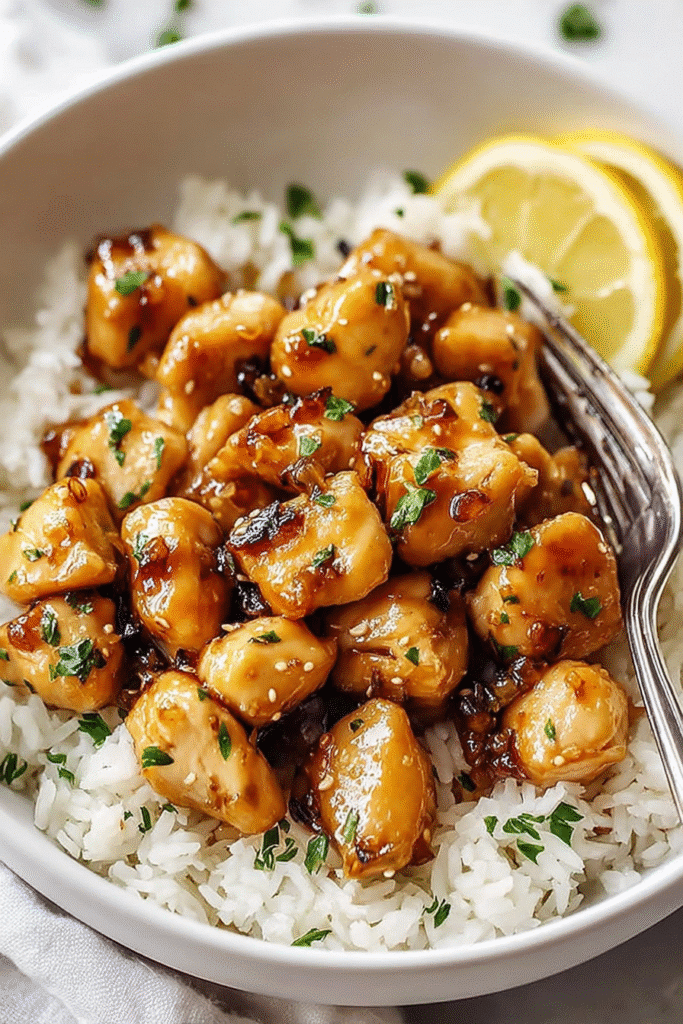 Honey garlic chicken bites recipe with caramelized onions served over rice with lemon