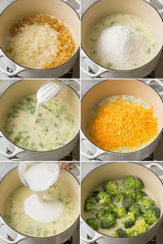 Step-by-step collage of making broccoli cheese soup: from roux to adding broccoli and shredded cheese.