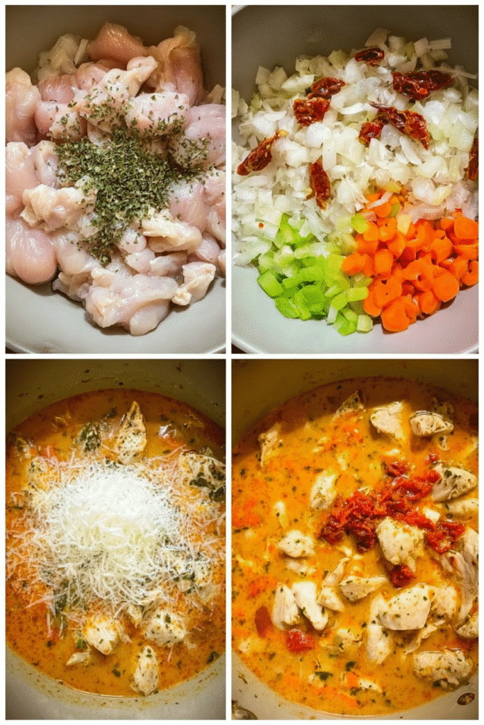 Step-by-step cooking collage of Marry Me Chicken Soup Recipe from sautéed chicken and vegetables to creamy tomato broth with parmesan.