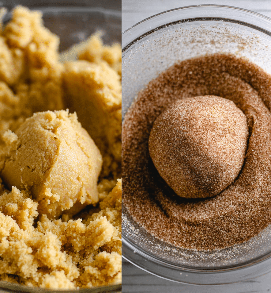 Pumpkin snickerdoodle dough in a mixing bowl and a cookie dough ball being coated in cinnamon sugar.