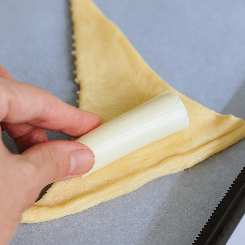 Placing string cheese on crescent roll dough to make Crescent Roll Witch Hats.