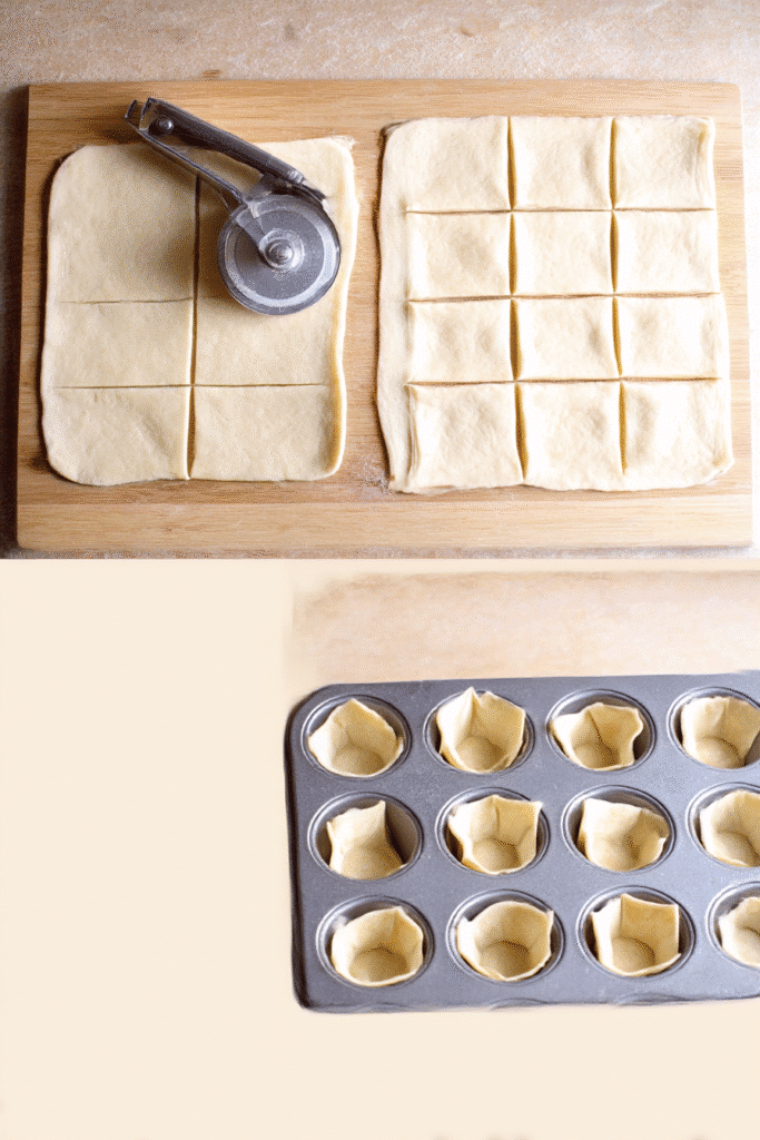 Step-by-step preparation of spinach dip bites with dough squares and muffin tin.