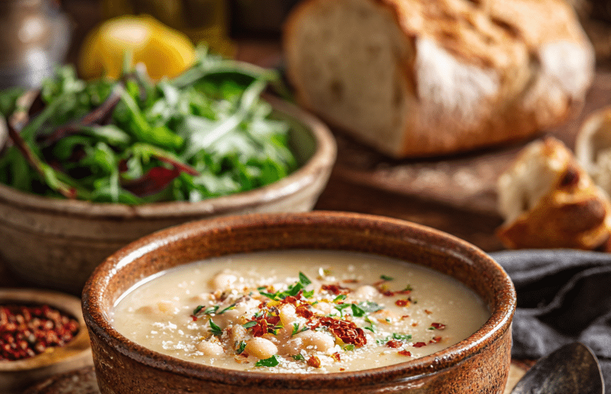 A rustic bowl of the best white bean soup topped with parmesan and chili flakes, served with crusty bread and a green salad