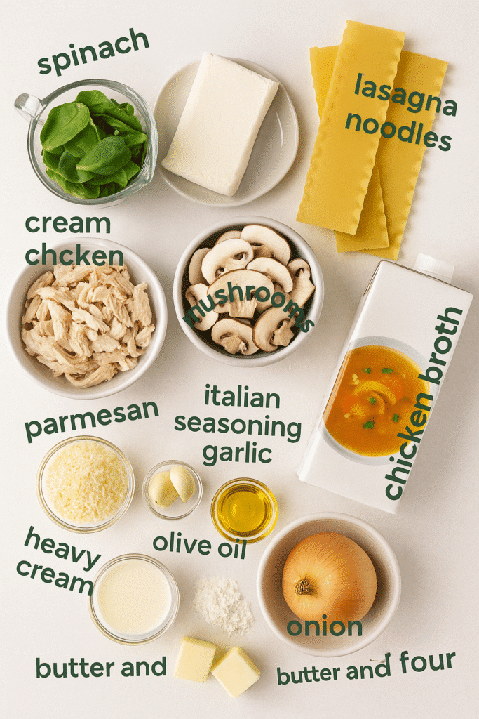 Labeled flat lay of ingredients for creamy chicken lasagna soup on marble background