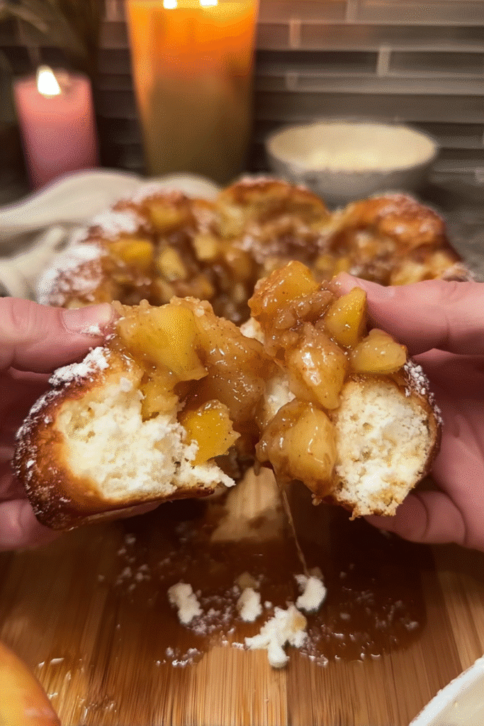Close-up of hands pulling apart an Apple Pie Cheesecake Brioche Bun with gooey apple filling and soft, fluffy brioche inside.