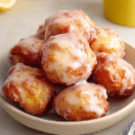 Bowl of golden air fryer apple fritters with sugar glaze stacked on top of each other.