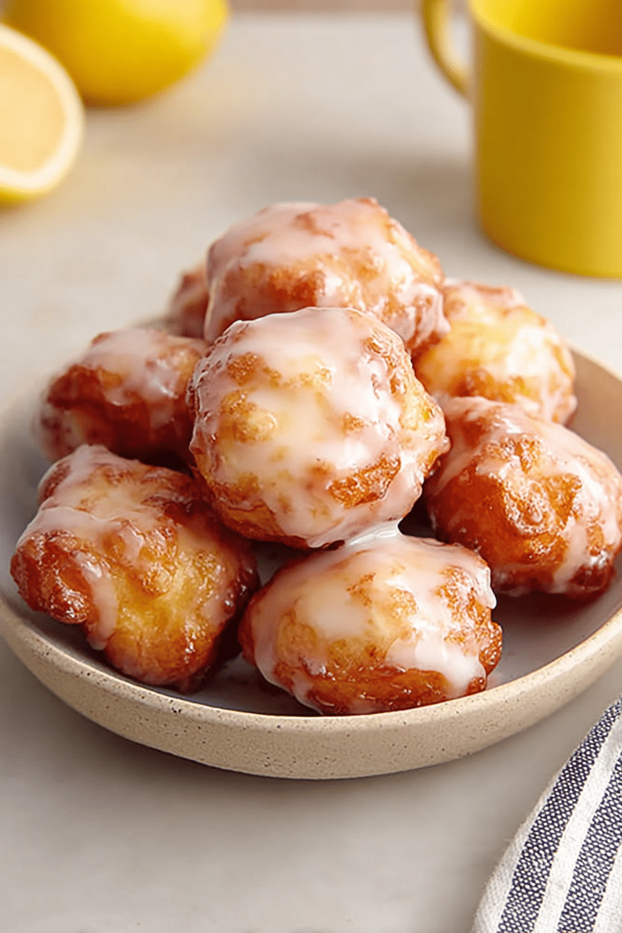 Bowl of golden air fryer apple fritters with sugar glaze stacked on top of each other.