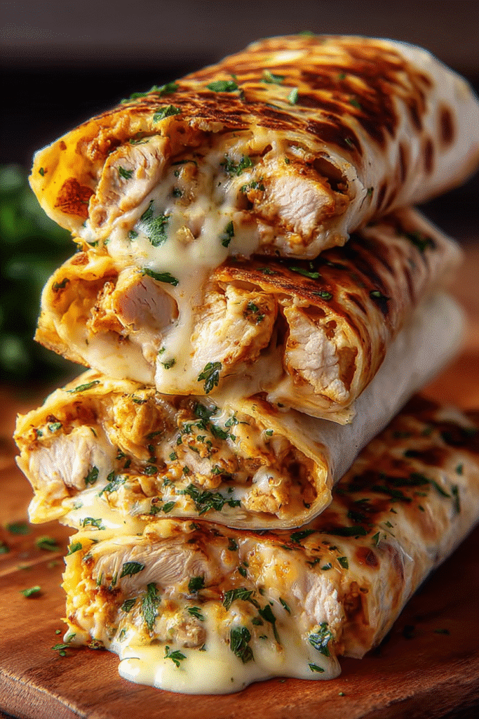 Cheesy garlic chicken wraps stacked on a wooden board, filled with melted cheese, juicy chicken, and herbs.