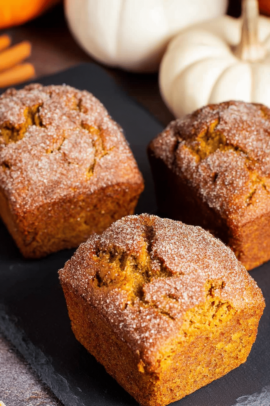 Sliced cinnamon swirl pumpkin bread loaf on a wooden cutting board. Homemade mini loaves with a sugar crust.