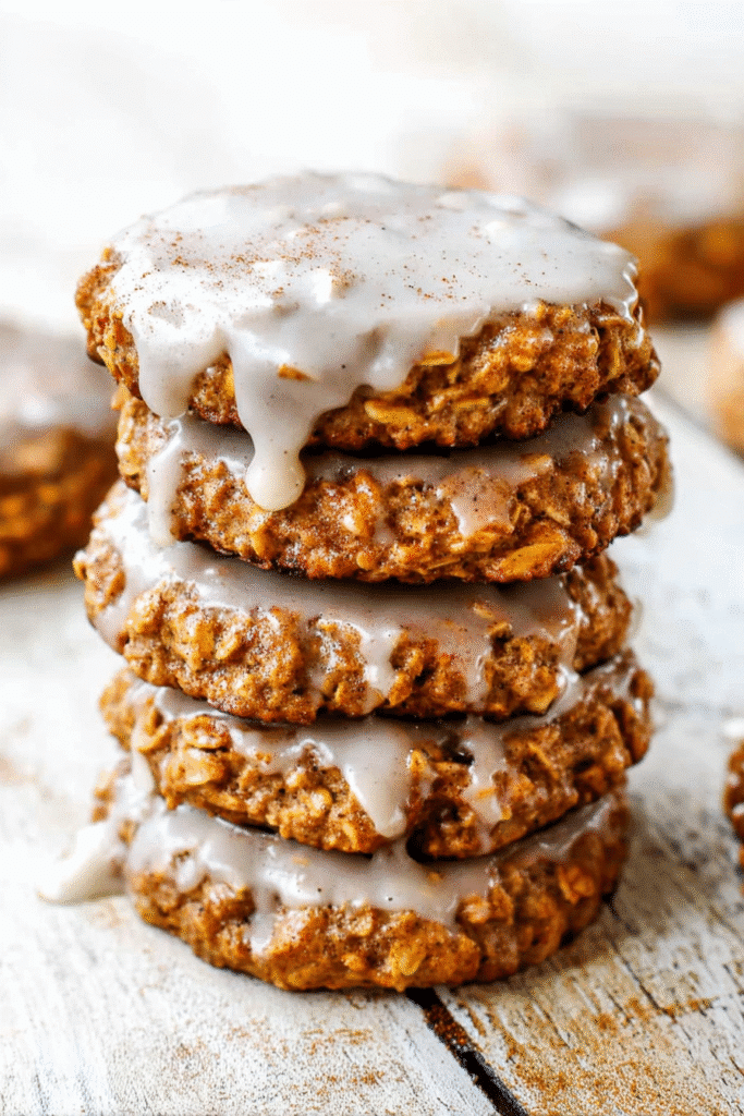 Stack of pumpkin oatmeal cookies with cinnamon glaze on white rustic table