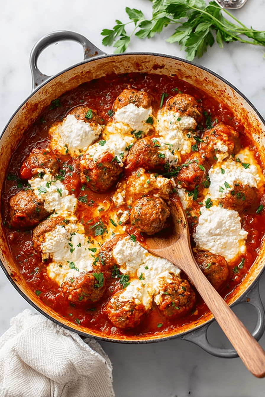 Ricotta meatballs simmered in rich tomato sauce with melted ricotta cheese and fresh parsley garnish.