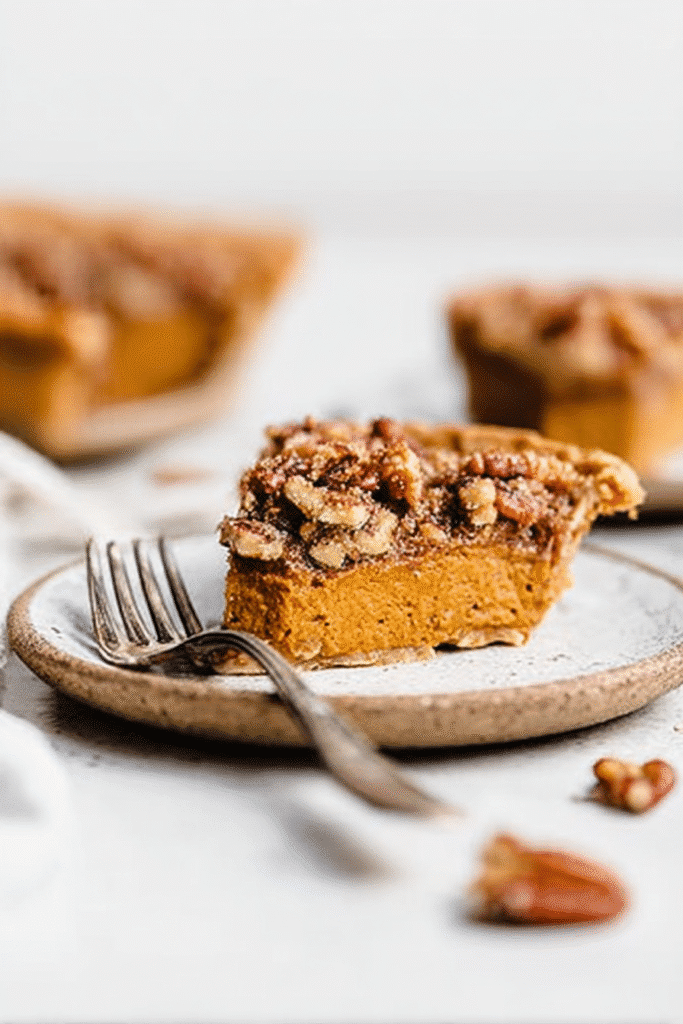 Side view of a praline pumpkin pie slice on a ceramic plate, showing pumpkin filling and pecan topping.