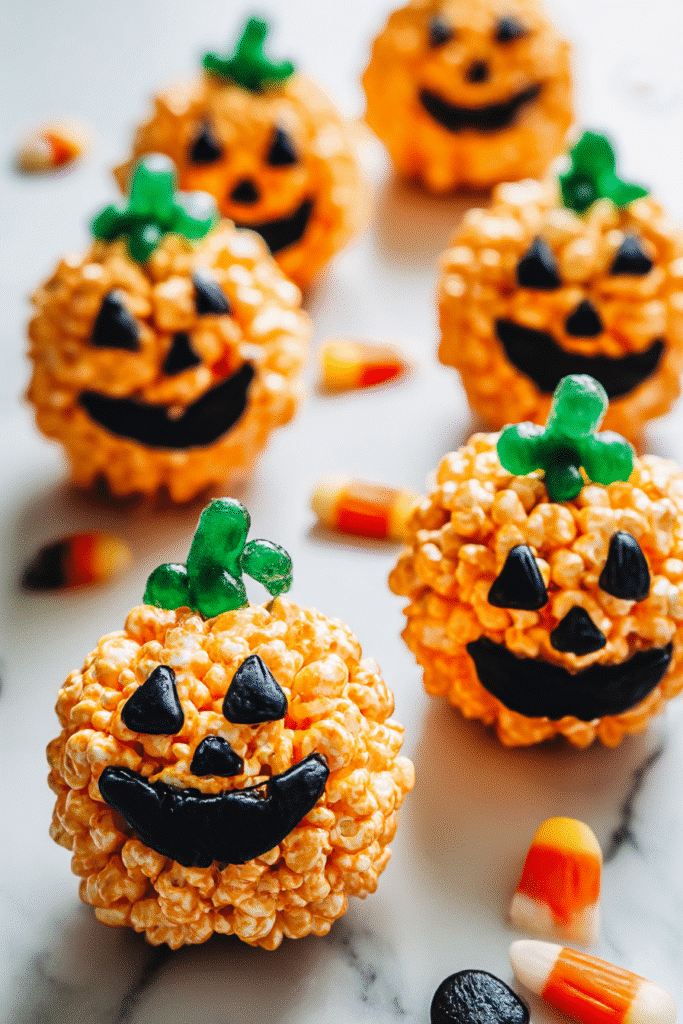 Halloween popcorn balls. Jack-o'-lantern shaped treats with candy corn on a white surface. Fun Halloween food.