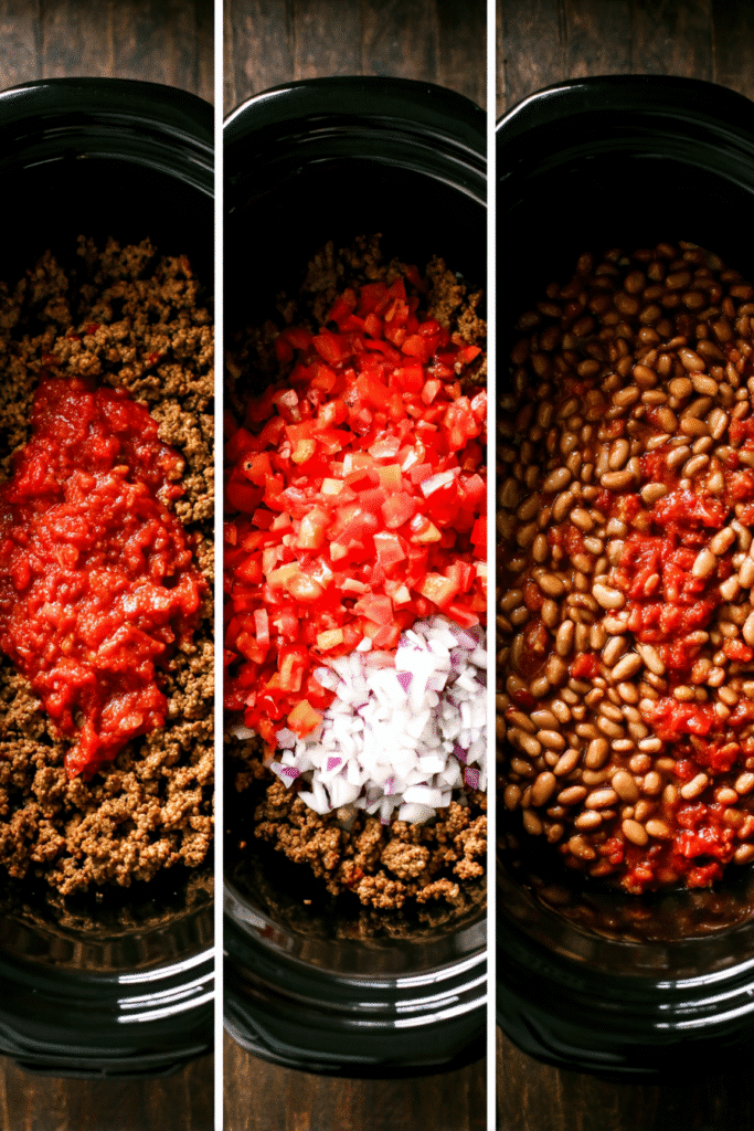 Step-by-step slow cooker chili recipe showing layers of ground beef, diced tomatoes, onions, and pinto beans.